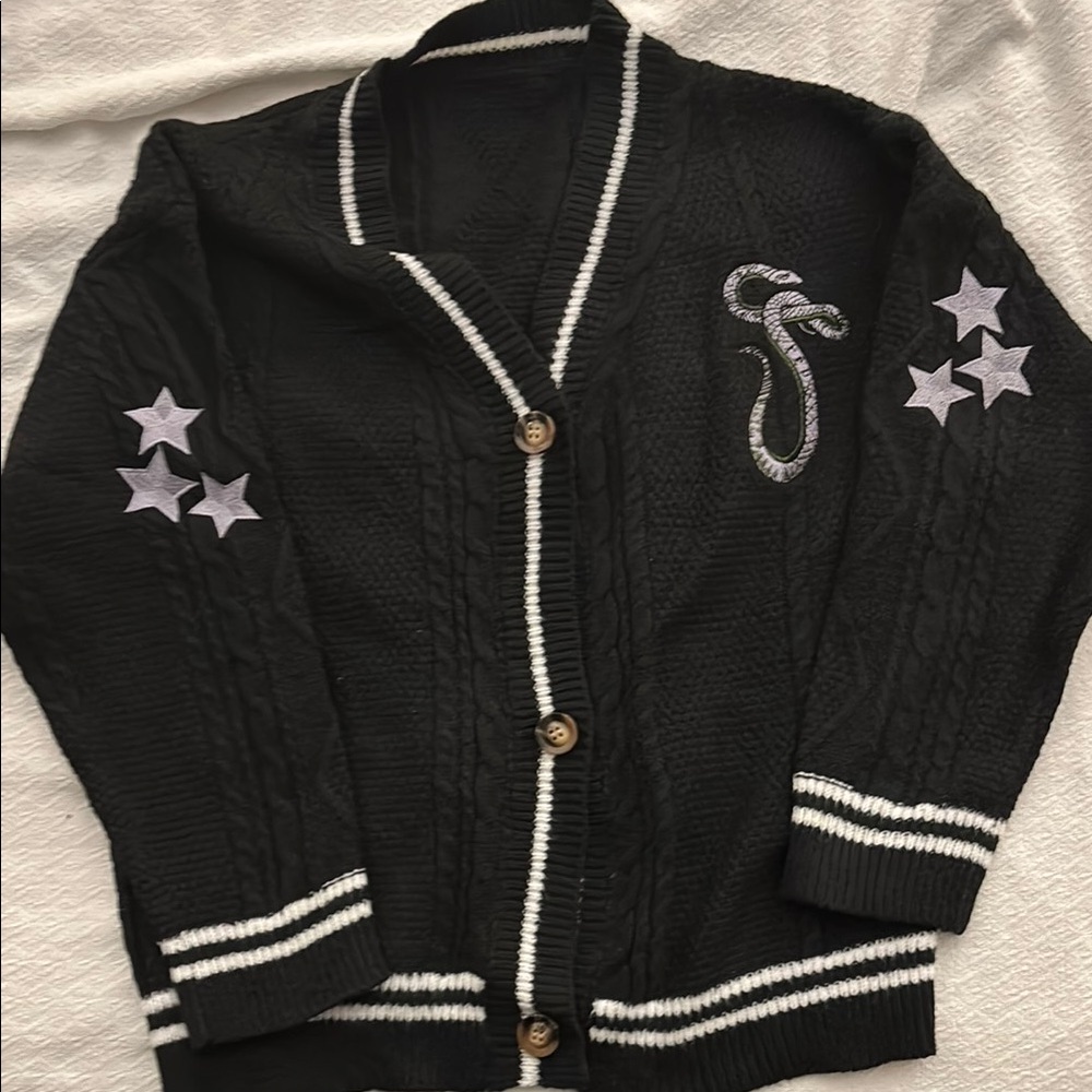 Black Cable Knit Cardigan with Star and Snake Patches